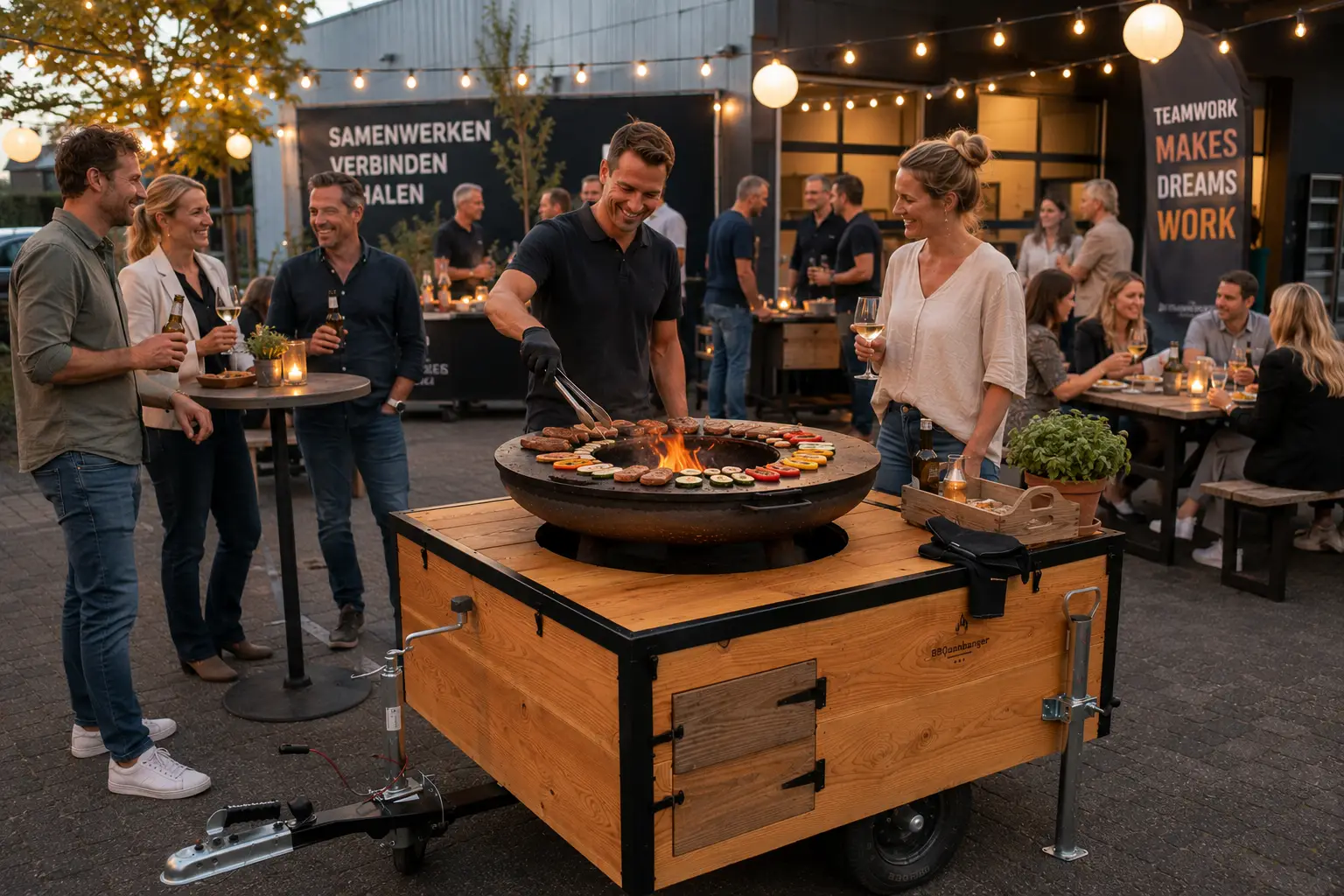 Collega's bij een bedrijfsbarbecue
